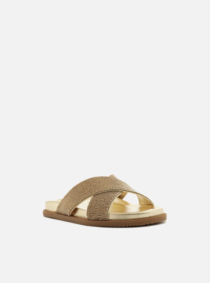Slide Dourado Tiras Largas Strass