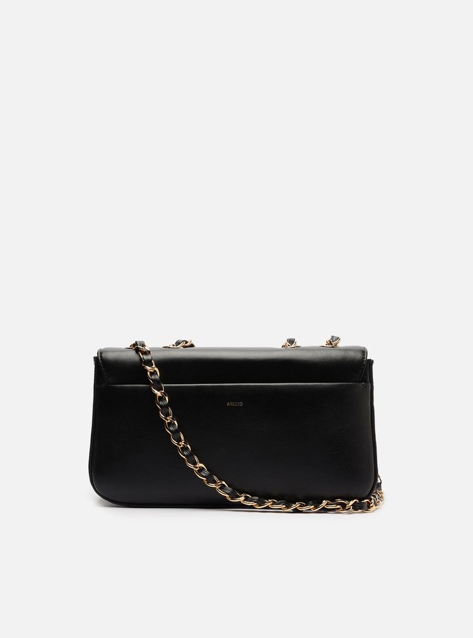 Bolsa Tiracolo Preta Couro Média Metal Flor