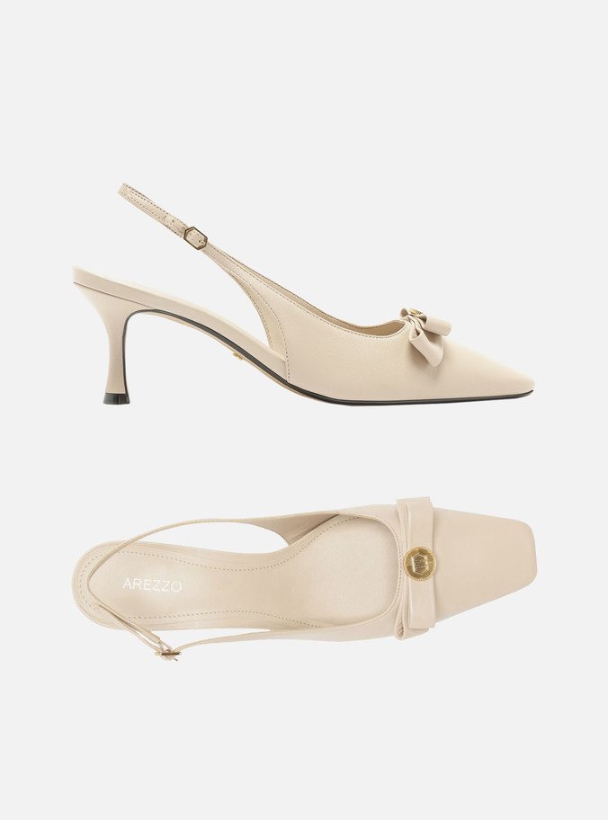 Scarpin Branco Couro Bico Quadrado Slingback Laço