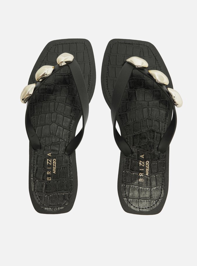 Chinelo de Dedo Preto Croco Square Metais