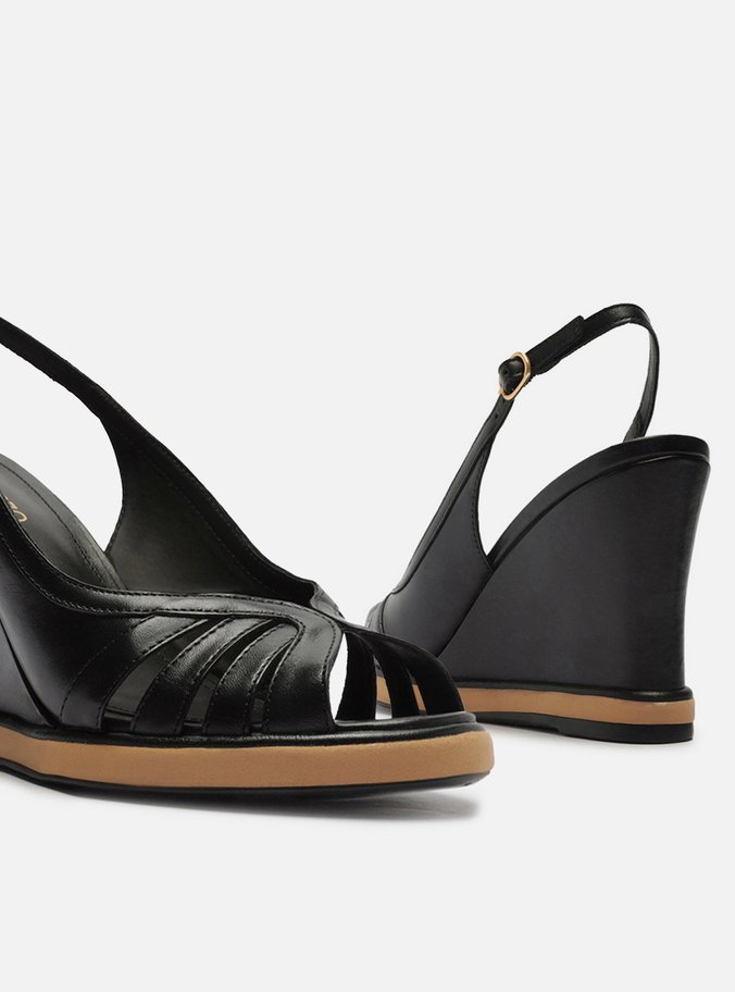 Sandália Preta Couro Salto Alto Anabela Slingback