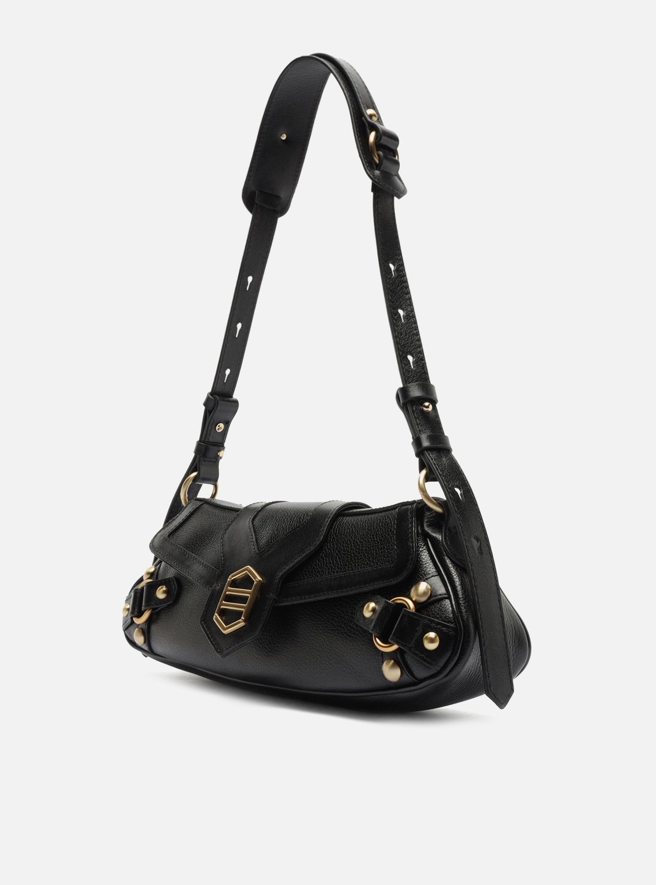 Bolsa Shoulder Preta Couro Grande Alongada Metais — foto 2