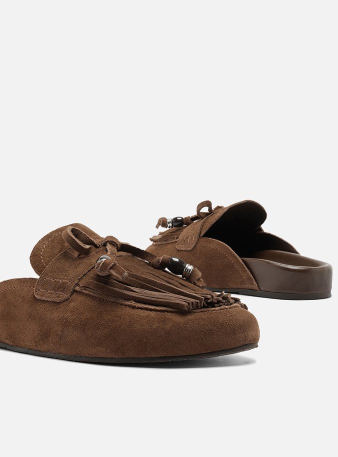 Mule Marrom Escura Suede Franjas