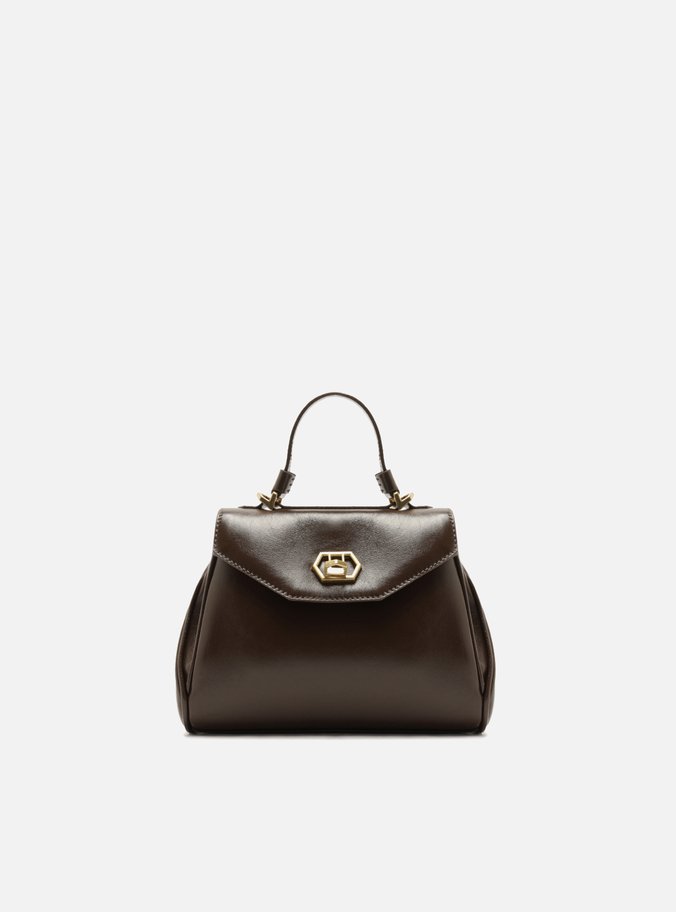 Bolsa Satchel Marrom Couro Pequena Fecho Dourado