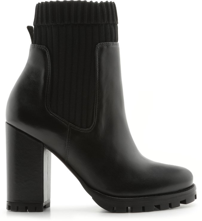 Bota Preta Couro Salto Tratorado Alto Cano Curto Knit
