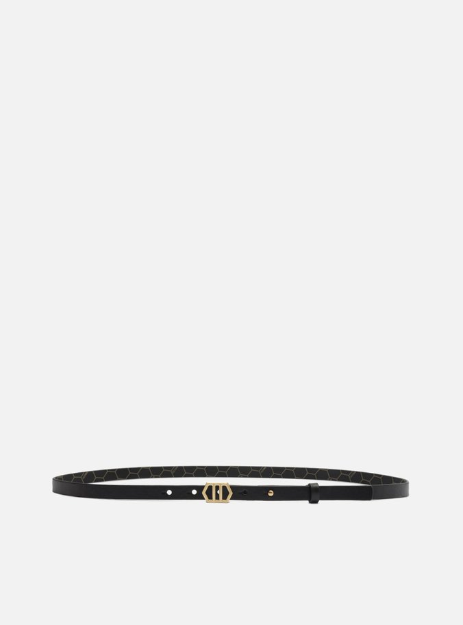 Cinto Preto Couro Fino Fivela Geométrica