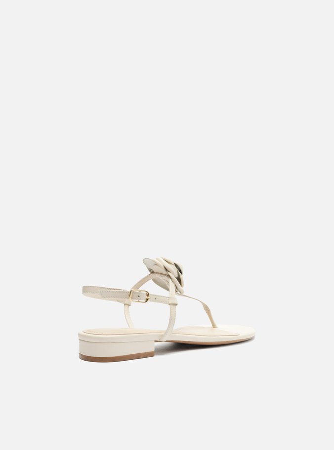Sandália Branca Couro Salto Baixo Slim Flor