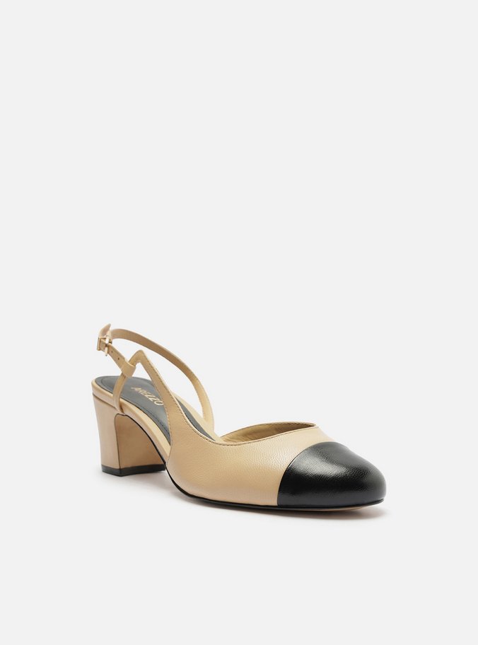 Scarpin Nude Couro Bico Redondo Cap Toe Preto