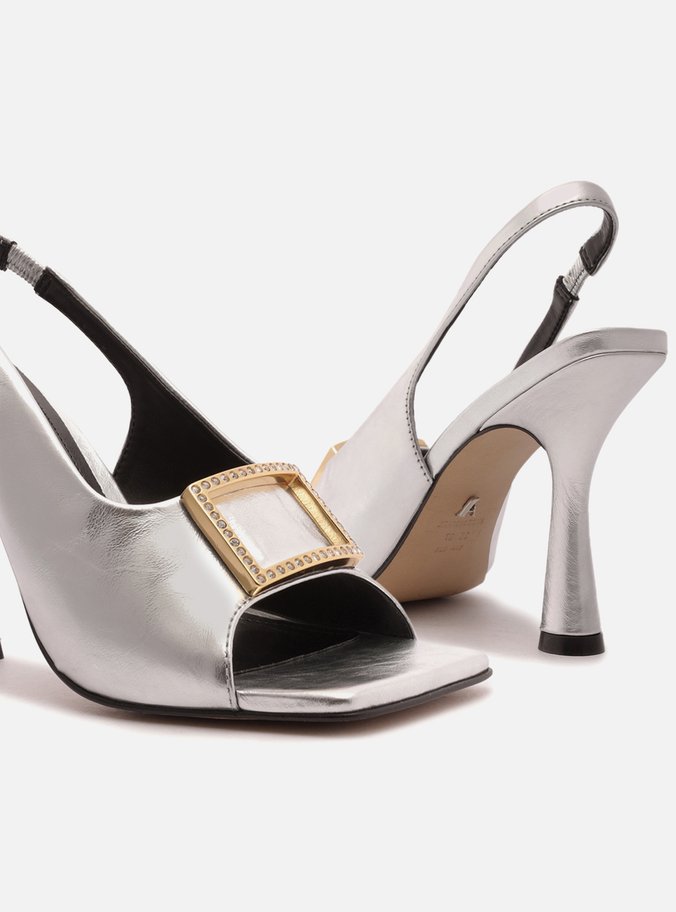 Sandália Prata Couro Salto Fino Slingback Gigi