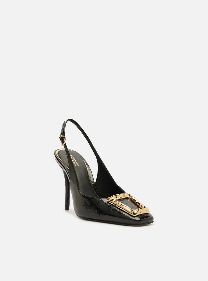 Scarpin Preto Couro Slingback Metal Verniz
