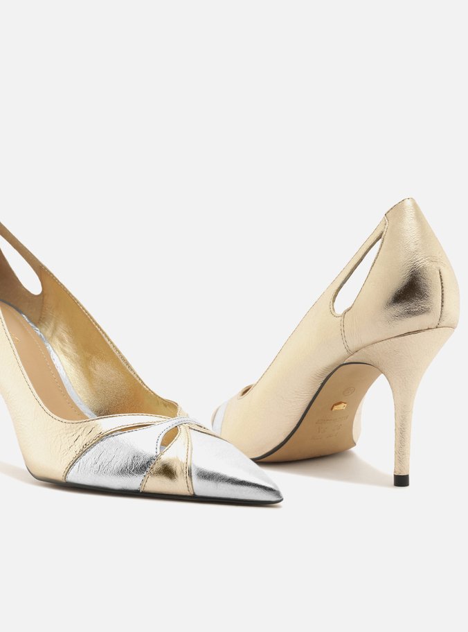 Scarpin Dourado Couro Salto Fino Vazado Bicolor