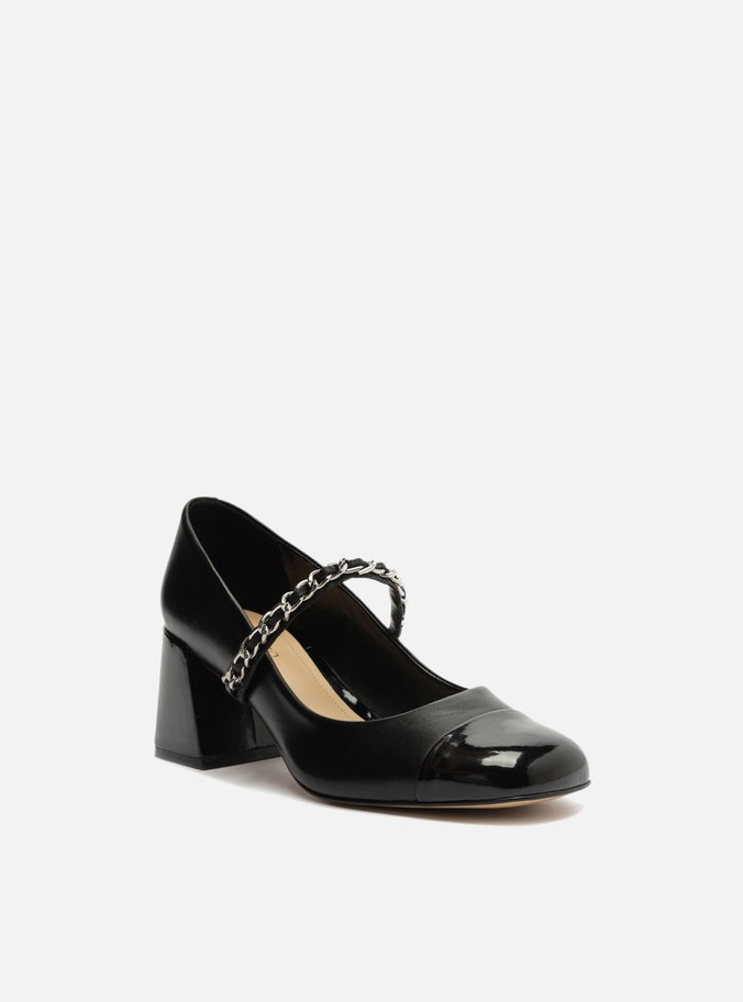 Sapato Boneca Preto Couro Salto Bloco Tira Corrente