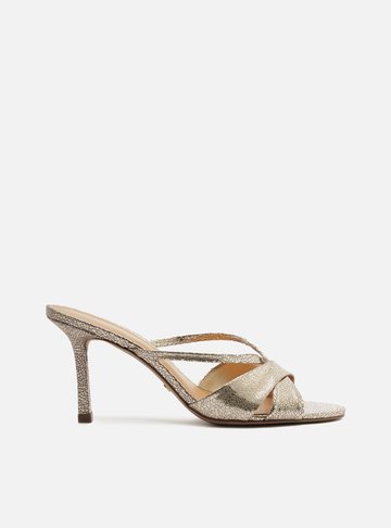 Mule Dourado Salto Fino Tiras Cruzadas