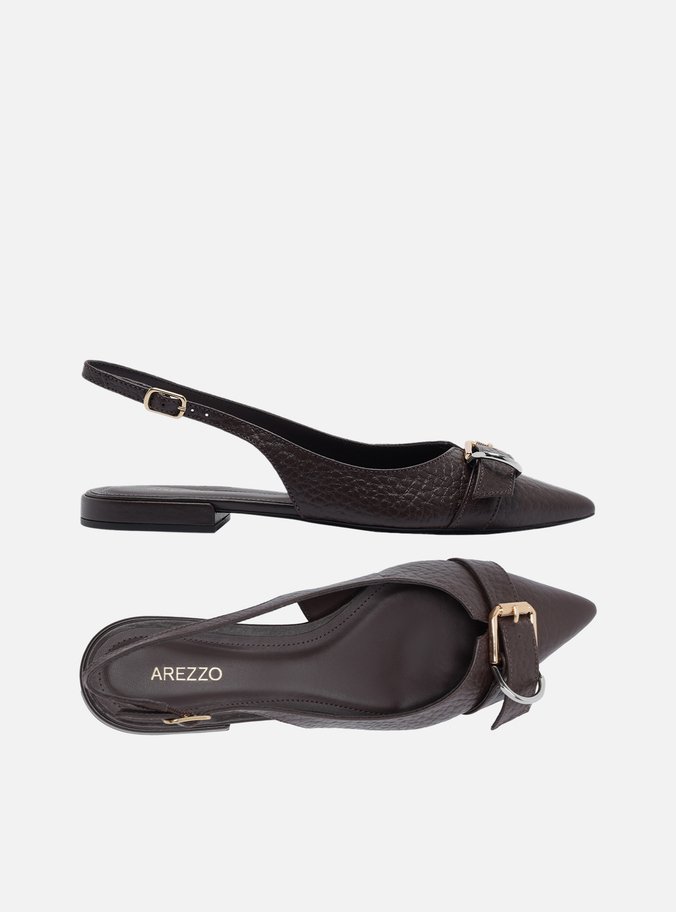 Sapatilha Marrom Couro Textura Slingback Fivela