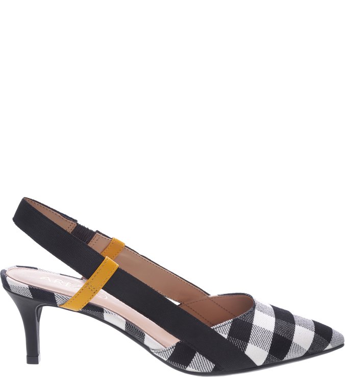 Scarpin Aberto Tecido Xadrez Kitten Heel Preto e Branco