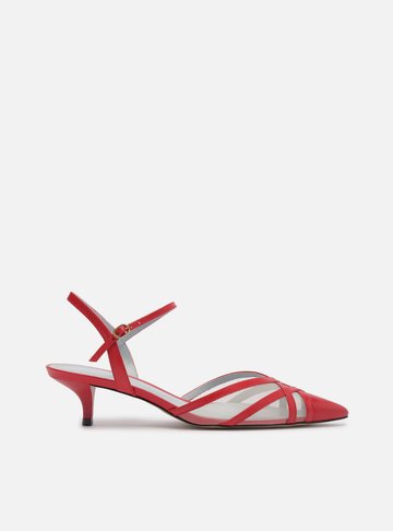 Scarpin Vermelho Couro Tela Salto Baixo Fivela