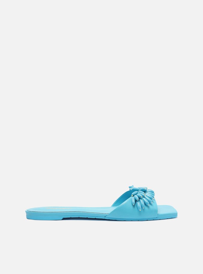 Rasteira Azul Couro Flat Aplicações