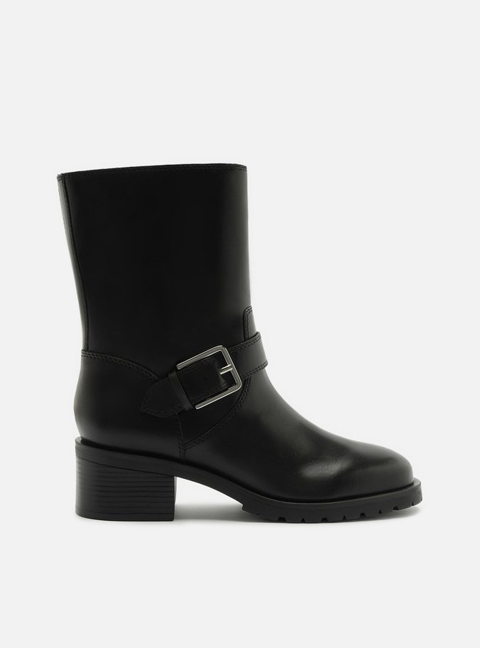 Bota Preta Couro Cano Médio Salto Bloco