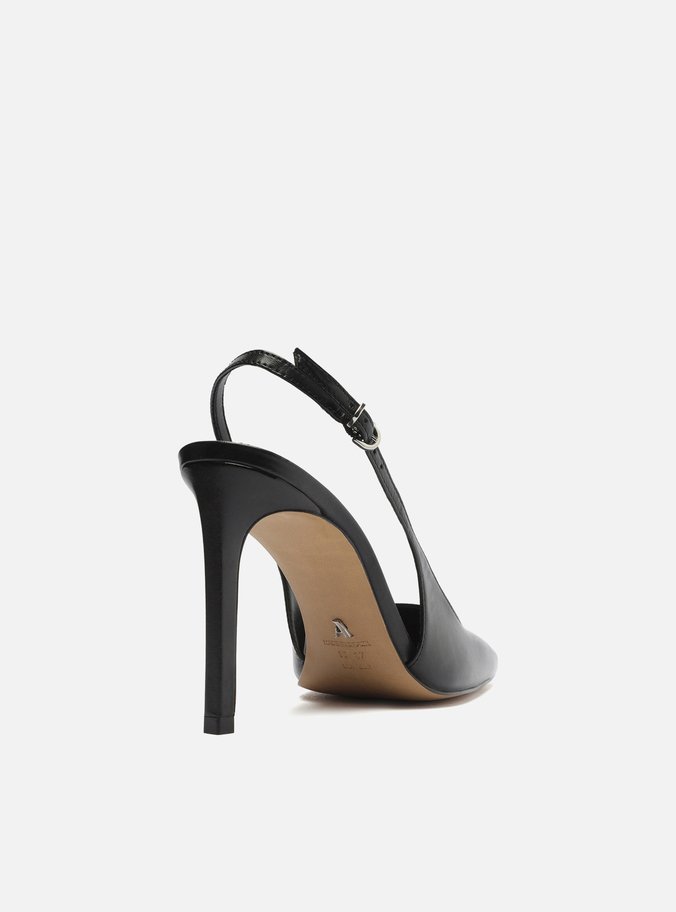 Scarpin Preto Couro Bico Quadrado Slingback