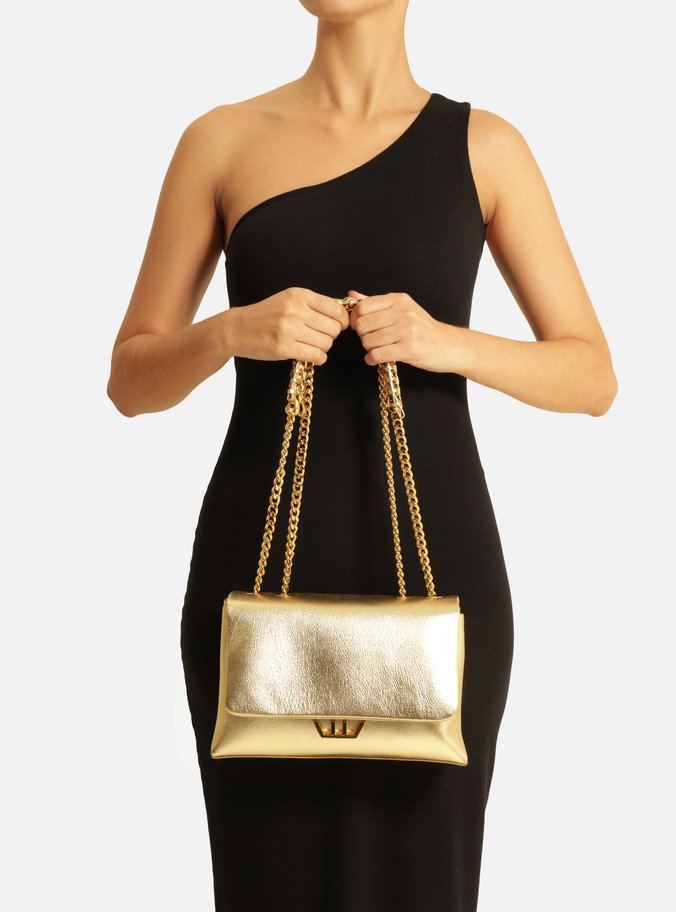 Bolsa Tiracolo Dourada Couro Grande Metal