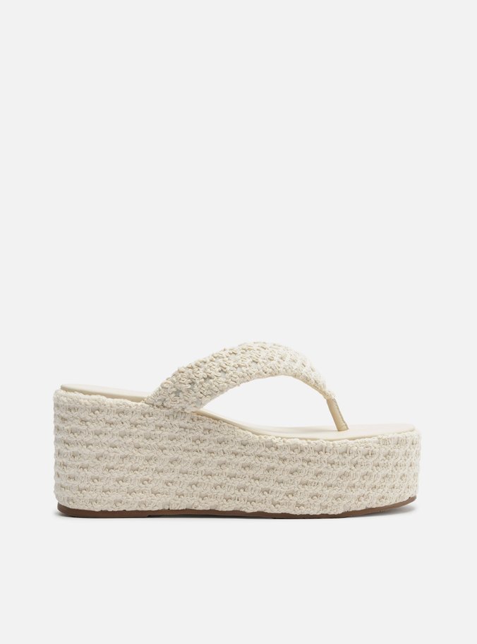 Tamanco Branca Tecido Crochê Flatform Flip Flop