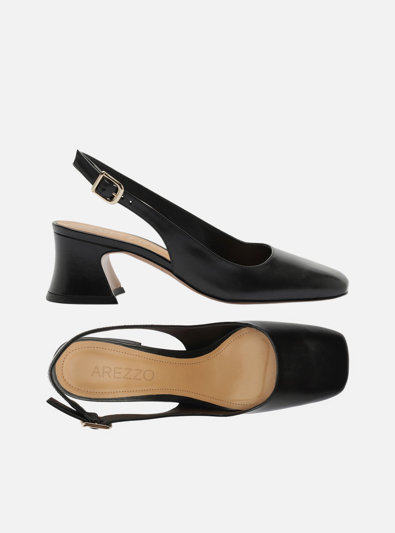 Scarpin Preto Couro Bloco Bico Quadrado Slingback — foto 5