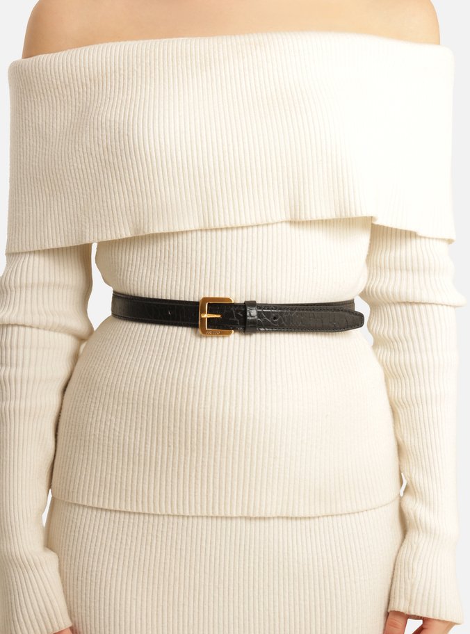 Cinto Preto Couro Médio Craquelê Fivela Quadrada