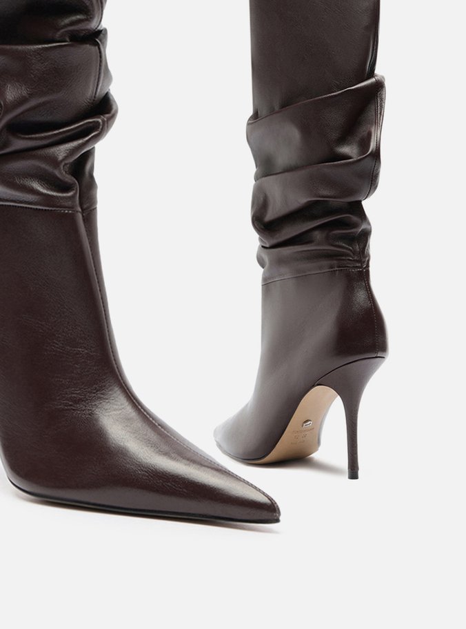 Bota Marrom Couro Cano Longo Salto Alto Slouch