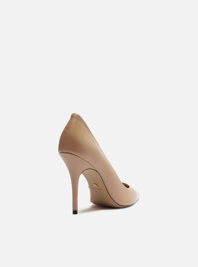 Scarpin Bege Couro Salto Alto Bico Fino