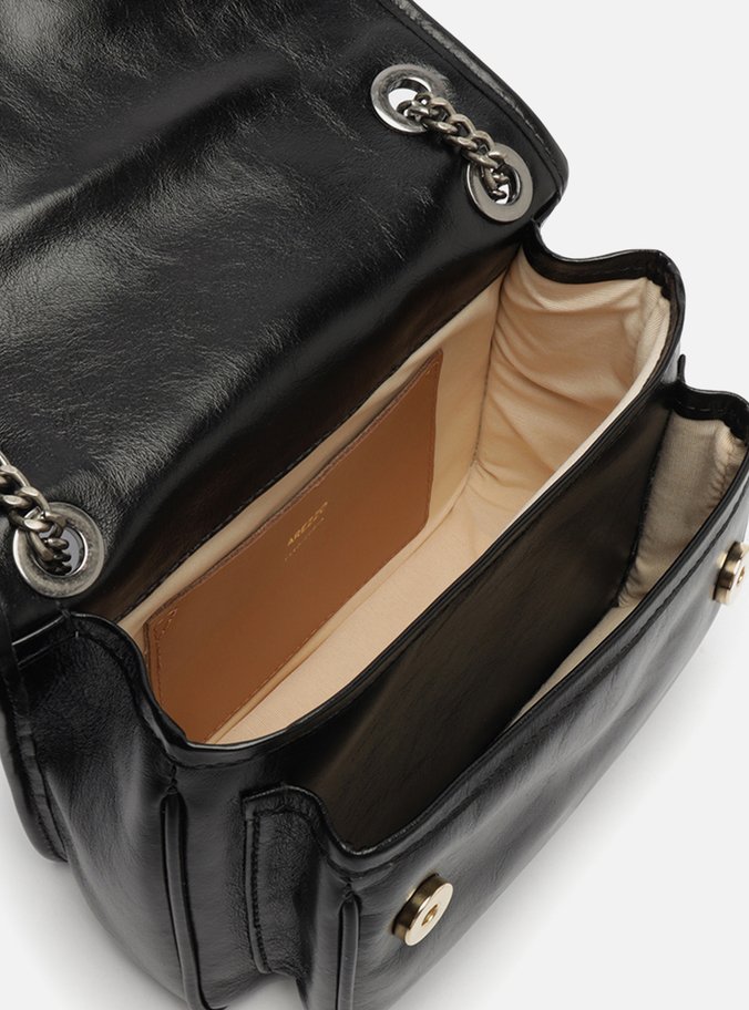 Bolsa Tiracolo Preta Couro Costuras Corrente