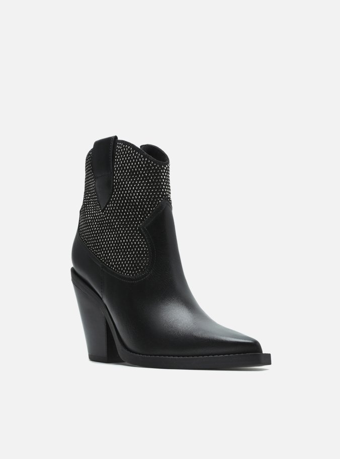 Bota Preta Couro Cano Curto Bloco Strass Western