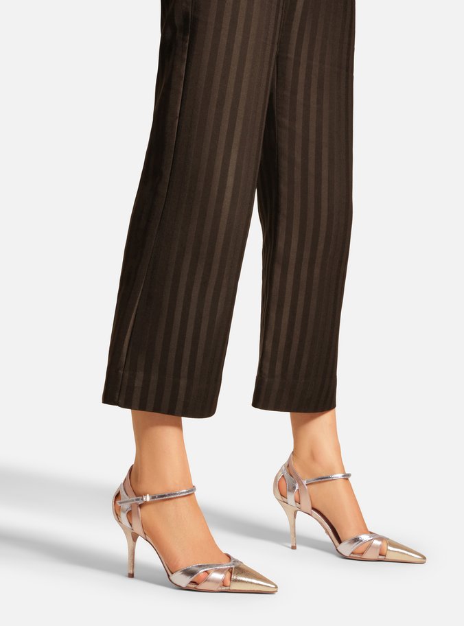 Scarpin Dourado Couro Salto Fino Mix Tiras
