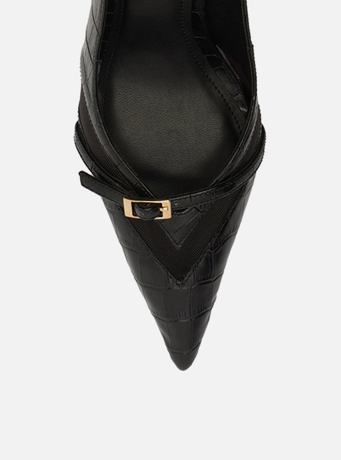 Scarpin Preto Croco Salto Alto Slingback Tela