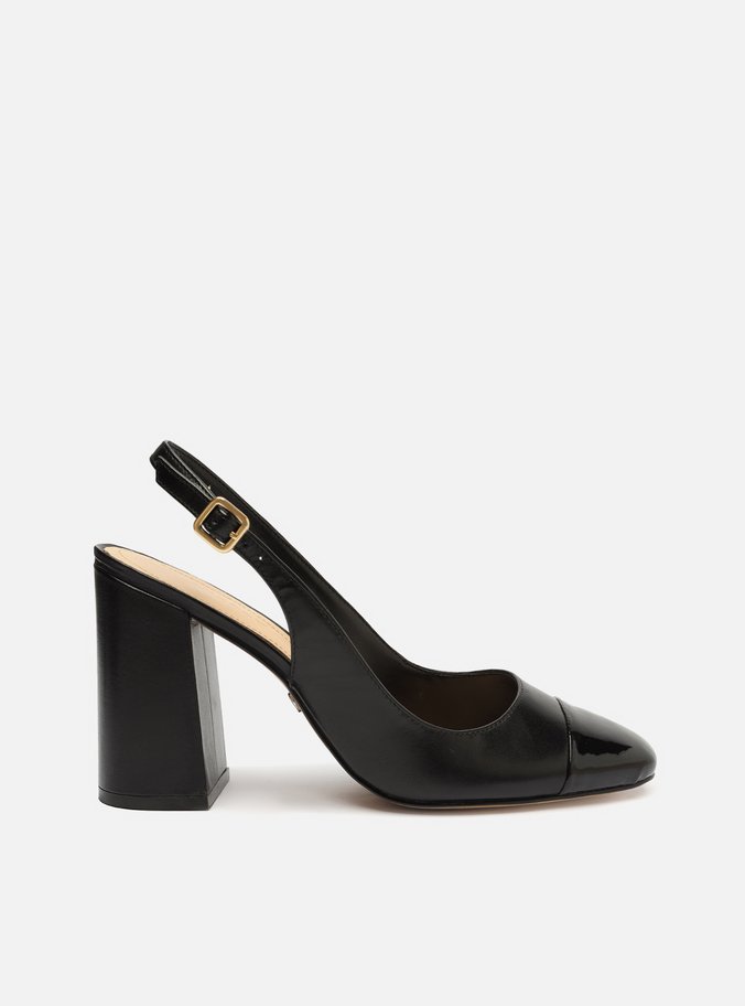 Scarpin Preto Couro Salto Bloco Cap Toe