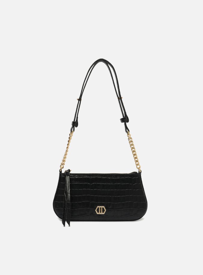 Bolsa Tiracolo Preta Couro Pequena Corrente