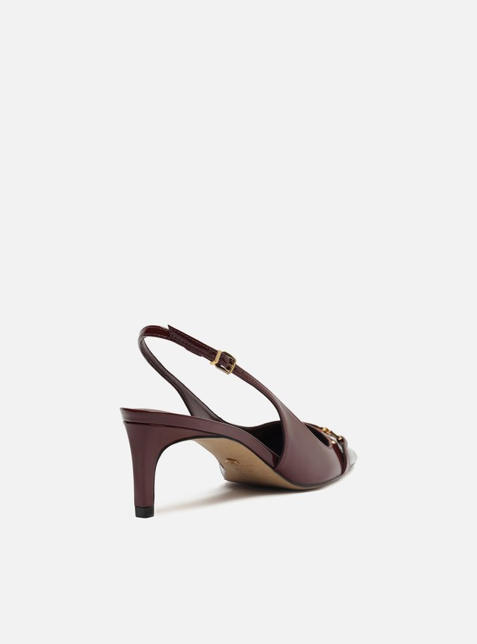Scarpin Vinho Verniz Salto Baixo Slingback Metal