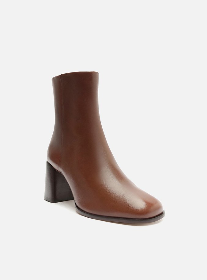 Bota Marrom Couro Cano Curto Salto Médio Lisa