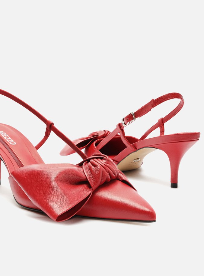 Scarpin Vermelho Couro Salto Fino Maxi Laço Slingback