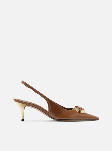 Scarpin Marrom Couro Salto Baixo Slingback Pedraria