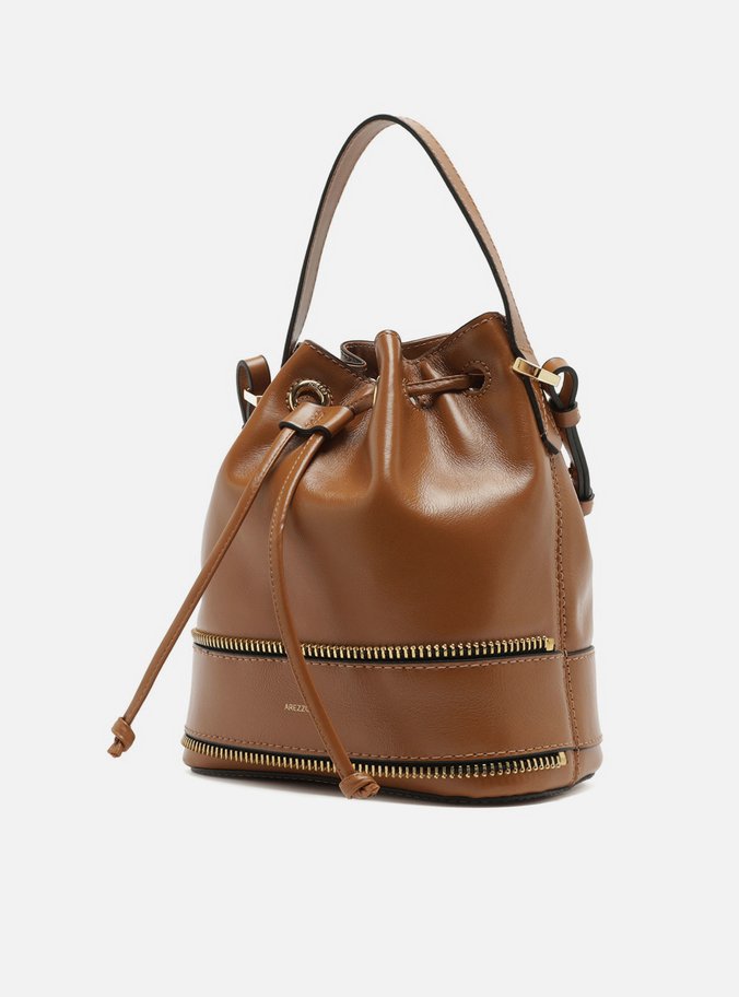 Bolsa Bucket Marrom Couro Média Zíper