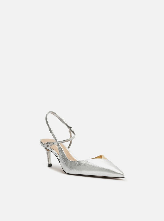 Scarpin Prateado Salto Médio Slingback Cruzado