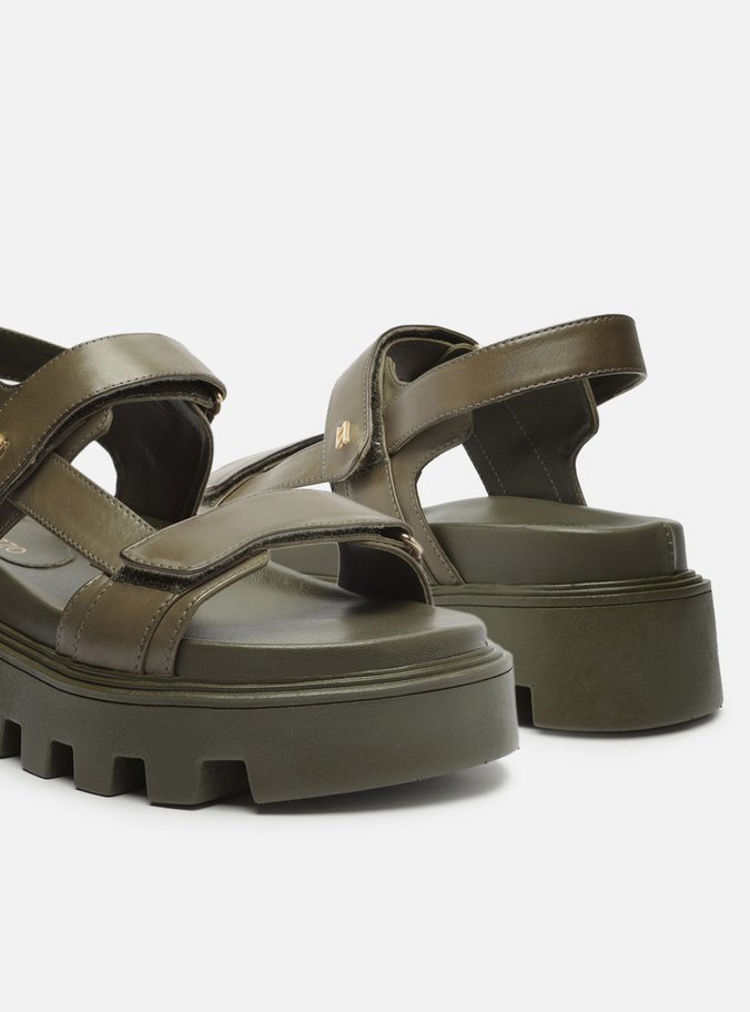 Sandália Papete Verde Couro Flatform Tratorada
