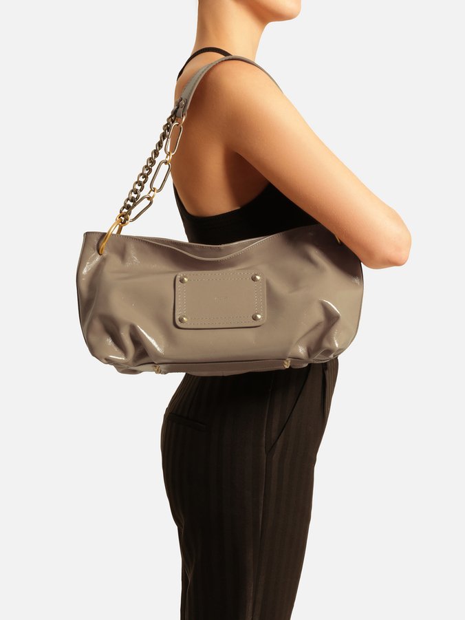 Bolsa Shoulder Cinza Couro Glossy Média