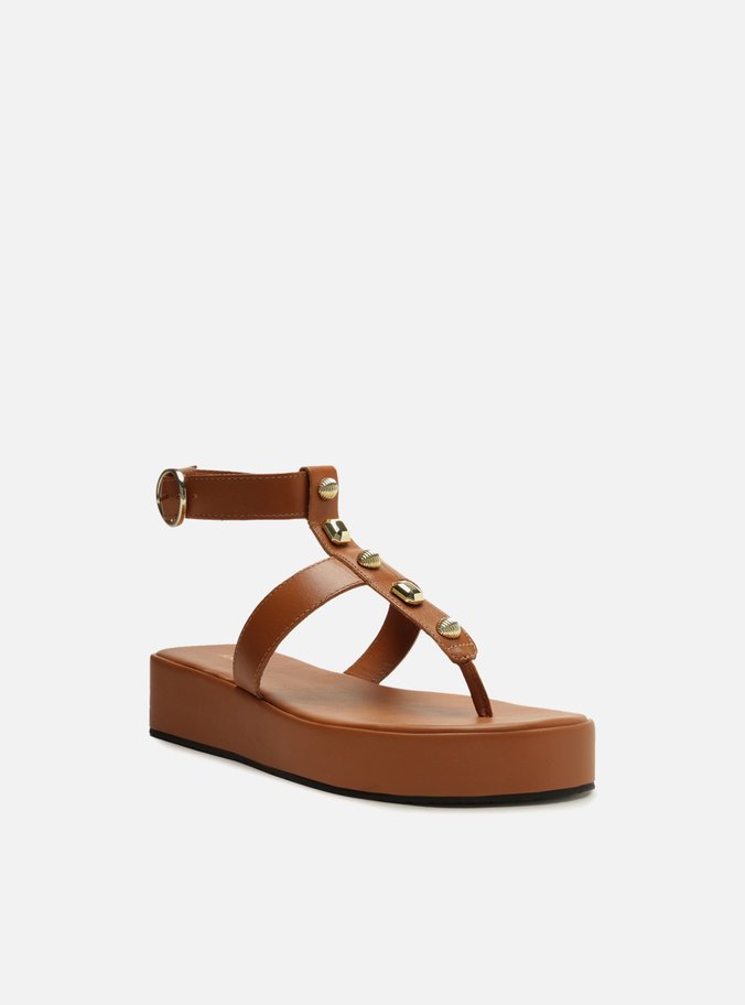 Sandália Marrom Flatform Tiras Aplicações