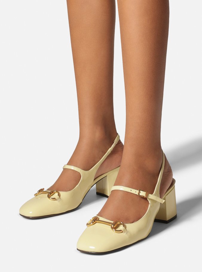 Scarpin Amarelo Verniz Salto Bloco Bridão Slingback
