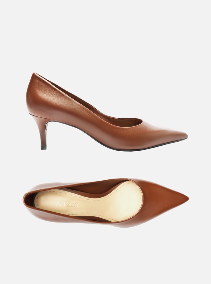 Scarpin Marrom Couro Salto Baixo Fino