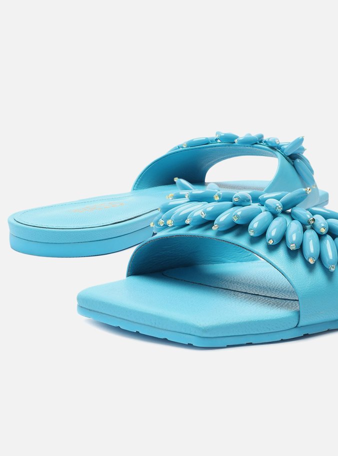 Rasteira Azul Couro Flat Aplicações