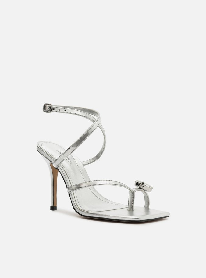 Sandália Prata Bico Quadrado Tiras Cristal