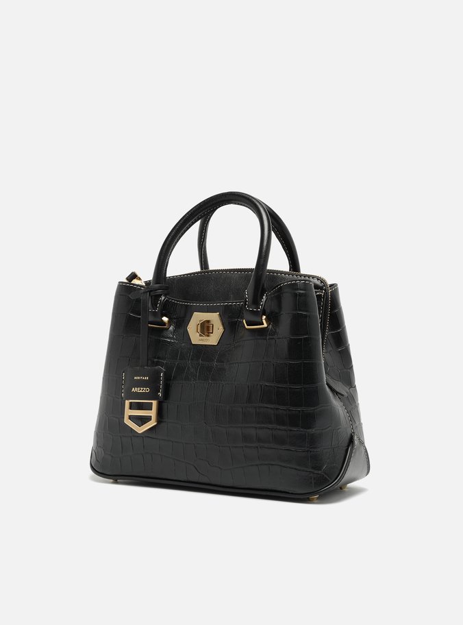Bolsa Tote Preta Couro Média Croco Charm