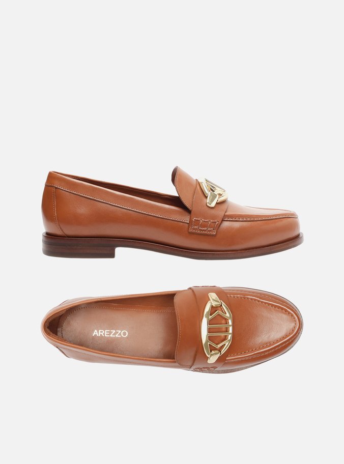 Mocassim Marrom Couro Metal Geométrico